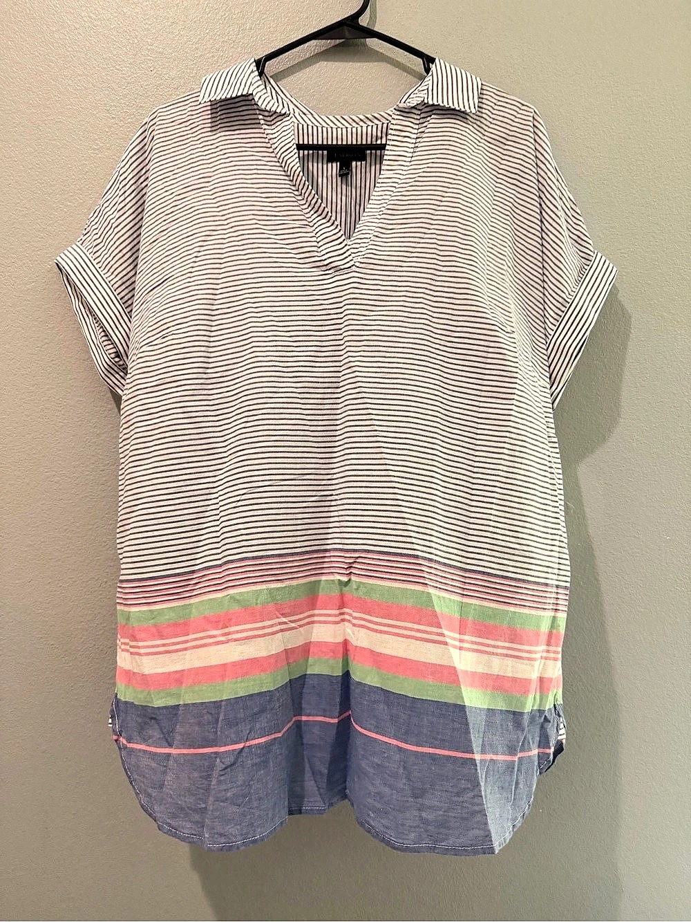 Talbots Cotton Popover Top Nautical Stripe Lg Lightweight Wide Cuffed Sleeve